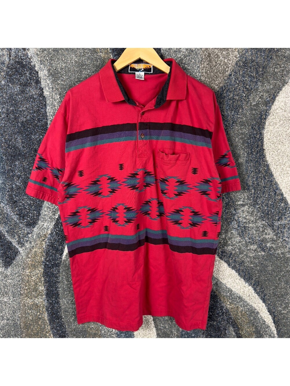 Vintage Cripple Creek Aztec Polo Shirt Mens XL Red Western